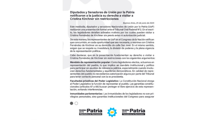 Diputados y senadores de Unión por la Patria notificaron a la Justicia su derecho a visitar a Cristina Kirchner sin restricciones