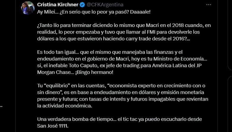 La contundente crítica de Cristina a Milei tras el anuncio sobre el presupuesto 2026: “¿En serio que lo peor ya pasó? daaaale!”