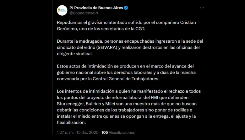 El PJ bonaerense repudió el ataque contra un compañero de la CGT