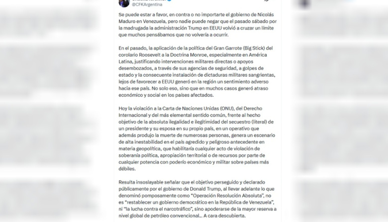 Cristina condenó el ataque a Venezuela: "Estados Unidos volvió a cruzar un límite"